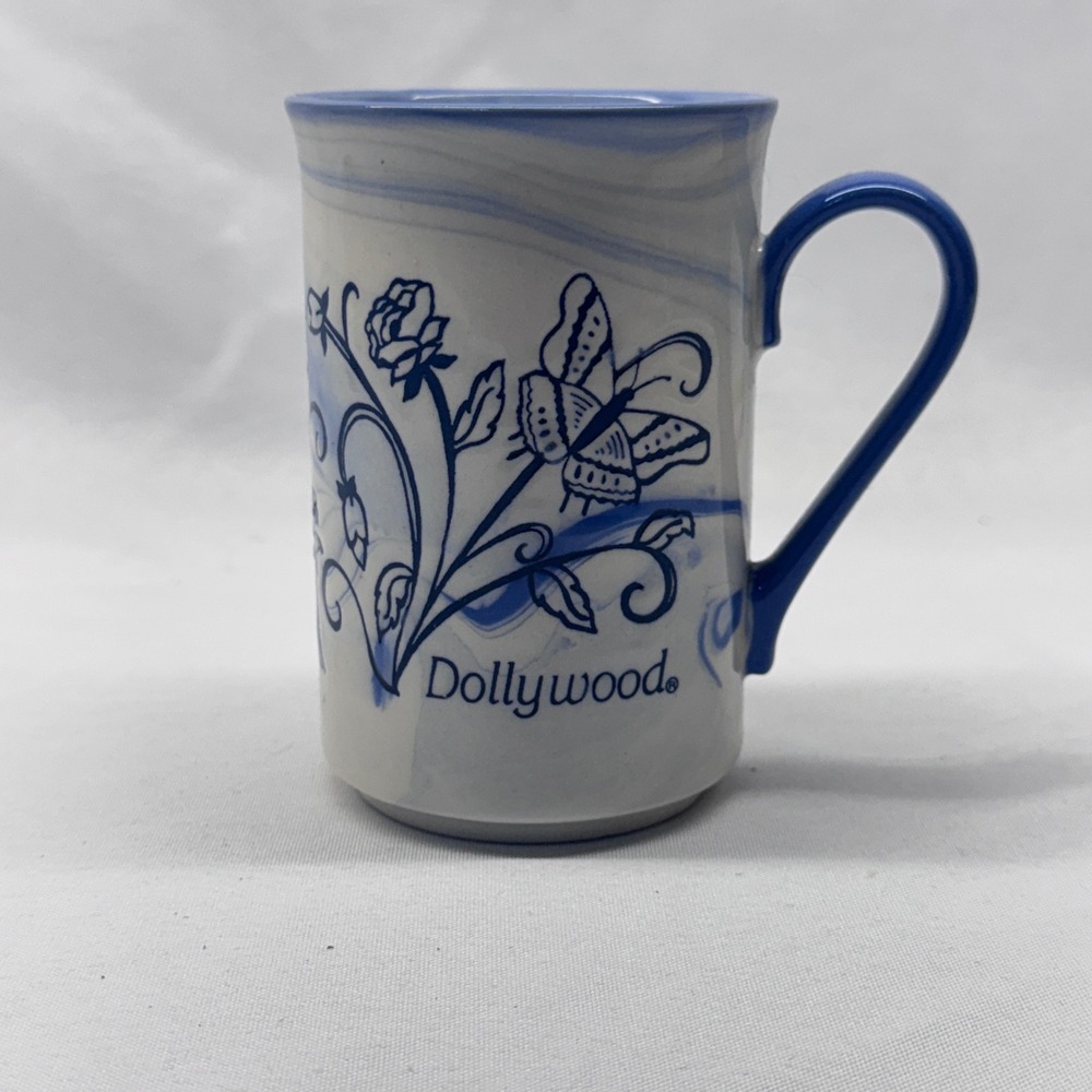 Dollywood Coffee Mug Unisex Blue White Marbled Butterfly Floral Souvenir Japan